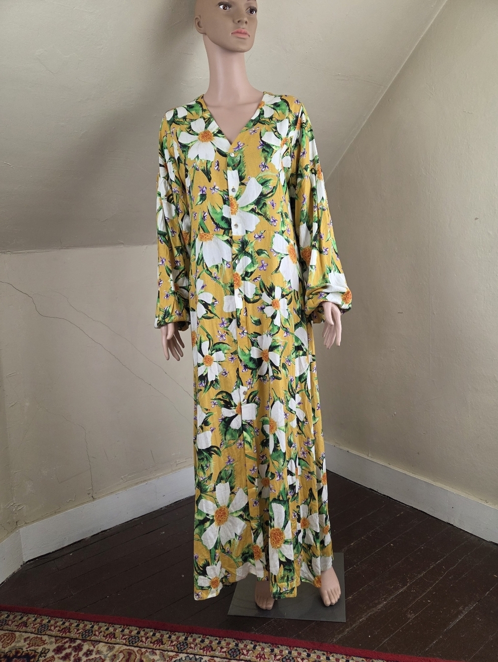 SIGAL Yellow Floral Maxi‎ Dress Size S Long Sleeve Button Front Boho Resort